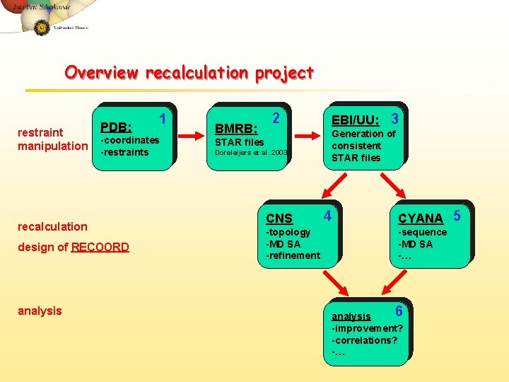 Overview recalculation project restraint manipulation PDB: -coordinates -restraints recalculation design of RECOORD analysis 1