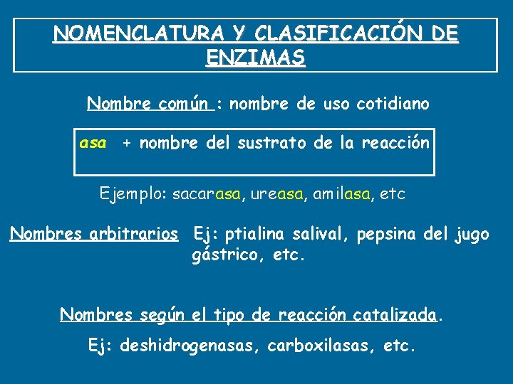 NOMENCLATURA Y CLASIFICACIÓN DE ENZIMAS Nombre común : nombre de uso cotidiano asa +