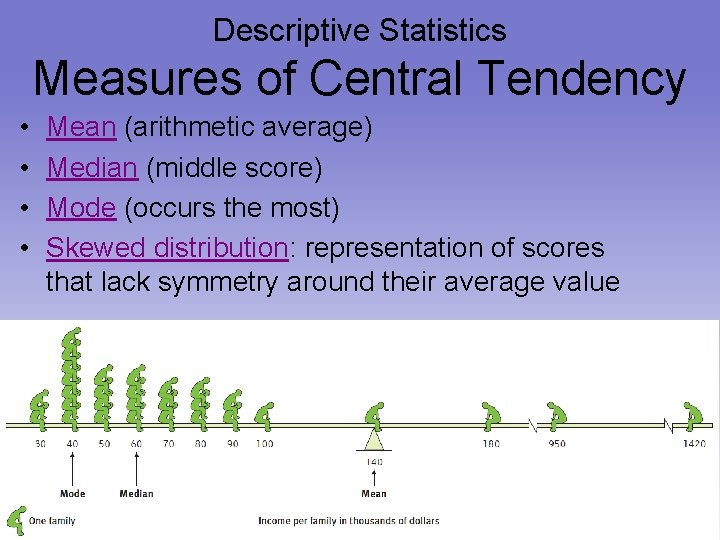 Descriptive Statistics Measures of Central Tendency • • Mean (arithmetic average) Median (middle score)