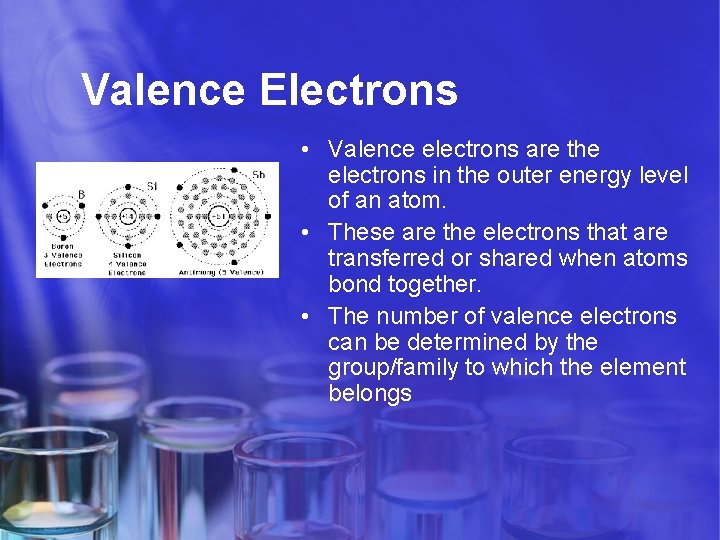 Valence Electrons • Valence electrons are the electrons in the outer energy level of