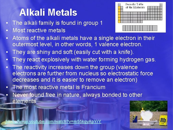 Alkali Metals • The alkali family is found in group 1 • Most reactive