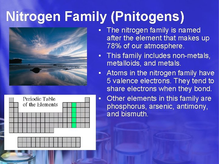 Nitrogen Family (Pnitogens) • The nitrogen family is named after the element that makes