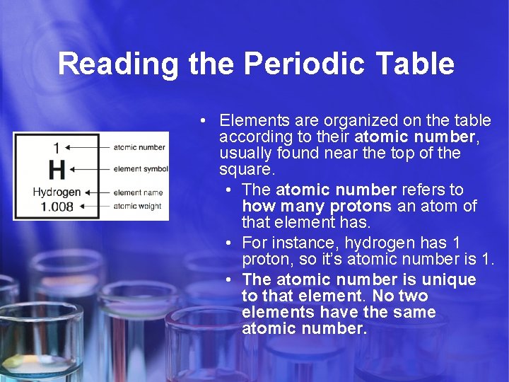 Reading the Periodic Table • Elements are organized on the table according to their