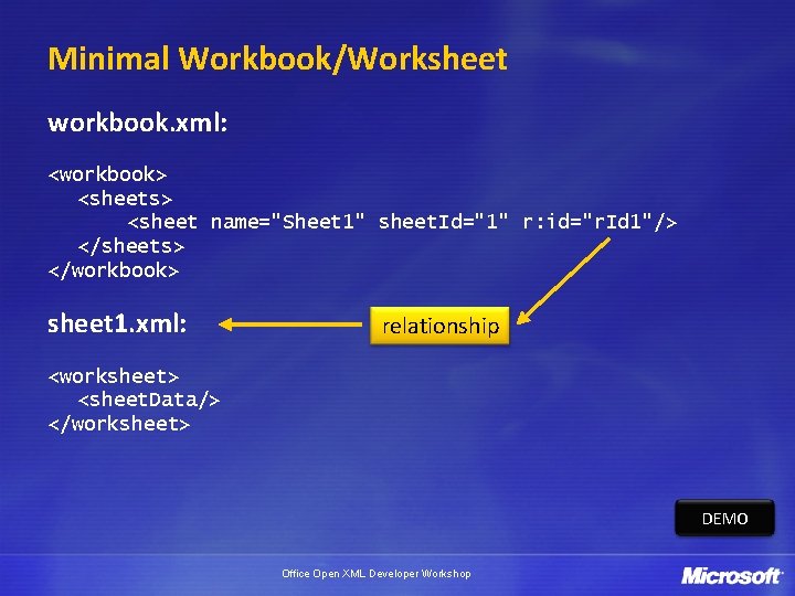 Minimal Workbook/Worksheet workbook. xml: <workbook> <sheets> <sheet name="Sheet 1" sheet. Id="1" r: id="r. Id