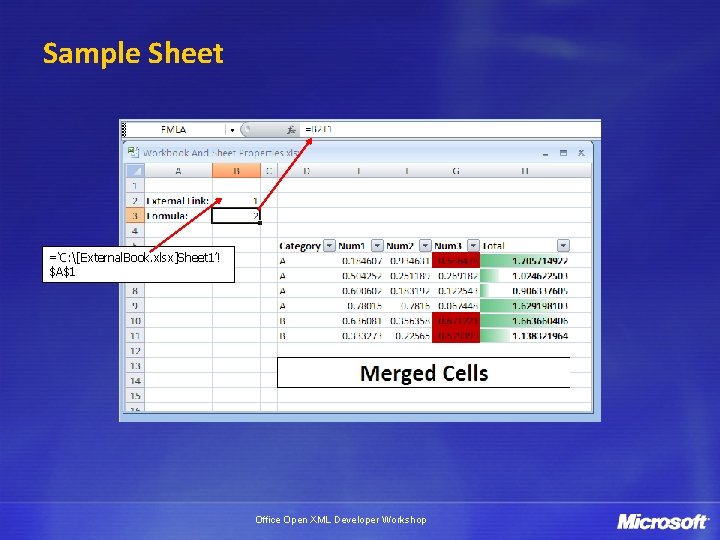 Sample Sheet =‘C: [External. Book. xlsx]Sheet 1’! $A$1 Office Open XML Developer Workshop 