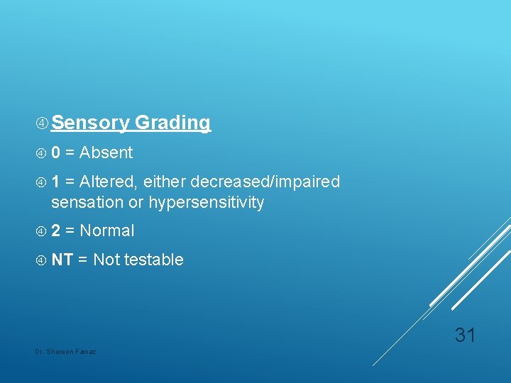  Sensory 0 Grading = Absent 1 = Altered, either decreased/impaired sensation or hypersensitivity