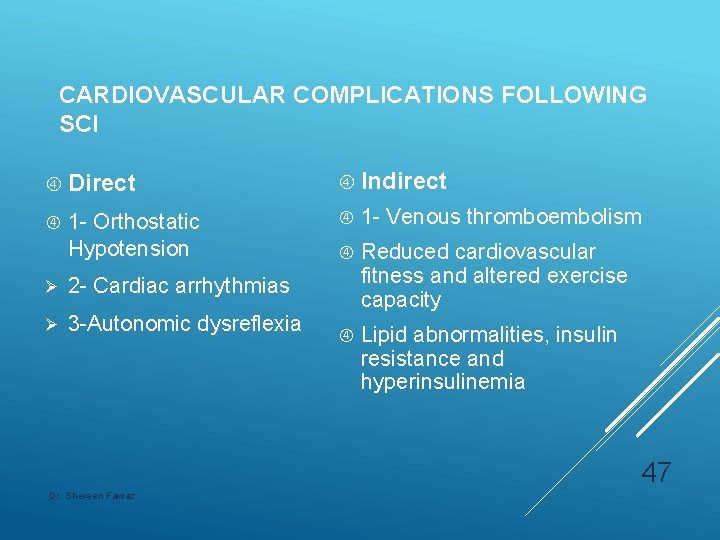 CARDIOVASCULAR COMPLICATIONS FOLLOWING SCI Direct 1 - Orthostatic Hypotension Ø 2 - Cardiac arrhythmias