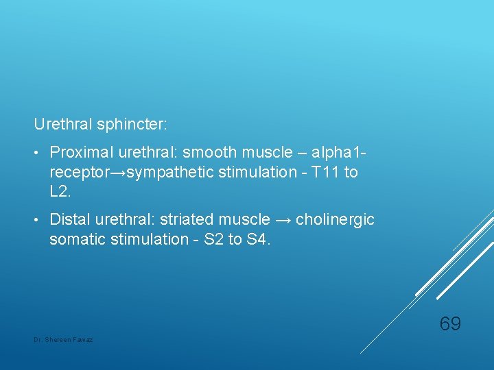 Urethral sphincter: • Proximal urethral: smooth muscle – alpha 1 receptor→sympathetic stimulation - T