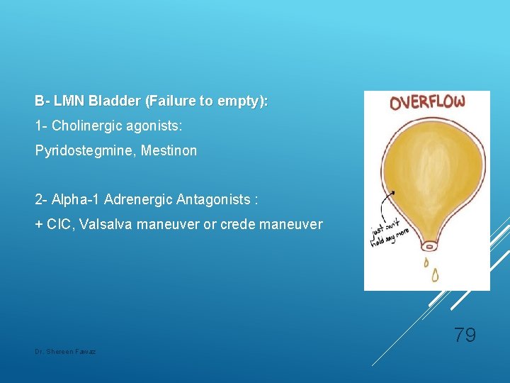 B- LMN Bladder (Failure to empty): 1 - Cholinergic agonists: Pyridostegmine, Mestinon 2 -