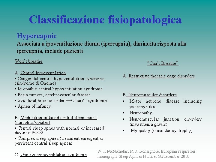 Classificazione fisiopatologica Hypercapnic Associata a ipoventilazione diurna (ipercapnia), diminuita risposta alla ipercapnia, include pazienti Classificazione fisiopatologica Hypercapnic Associata a ipoventilazione diurna (ipercapnia), diminuita risposta alla ipercapnia, include pazienti