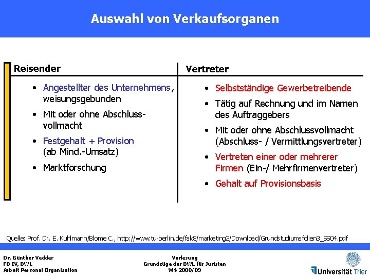 Auswahl von Verkaufsorganen Reisender Vertreter • Angestellter des Unternehmens, weisungsgebunden • Mit oder ohne