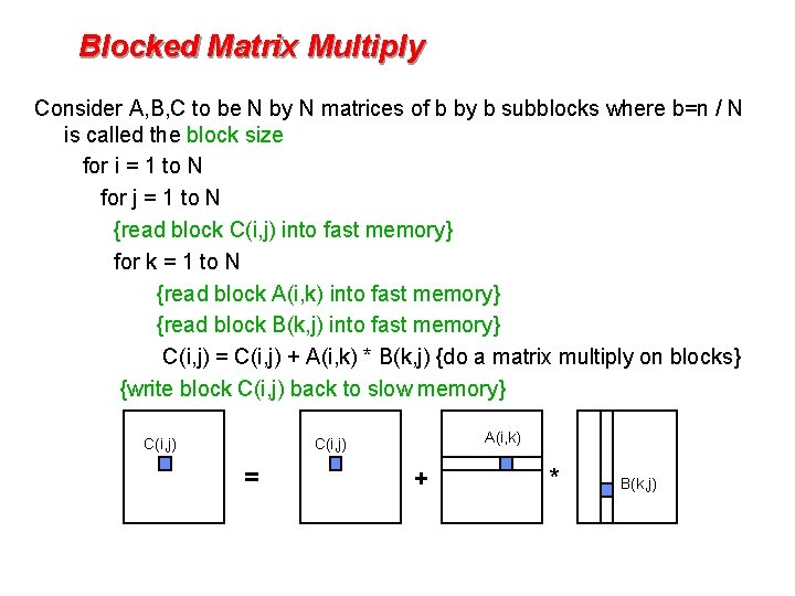Blocked Matrix Multiply Consider A, B, C to be N by N matrices of
