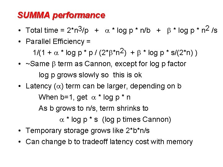SUMMA performance • Total time = 2*n 3/p + a * log p *