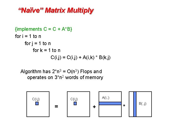 “Naïve” Matrix Multiply {implements C = C + A*B} for i = 1 to