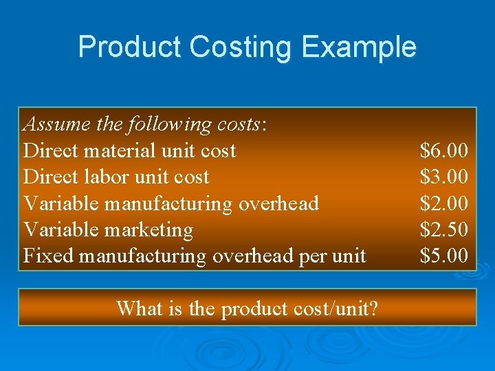 Product Costing Example Assume the following costs: Direct material unit cost Direct labor unit