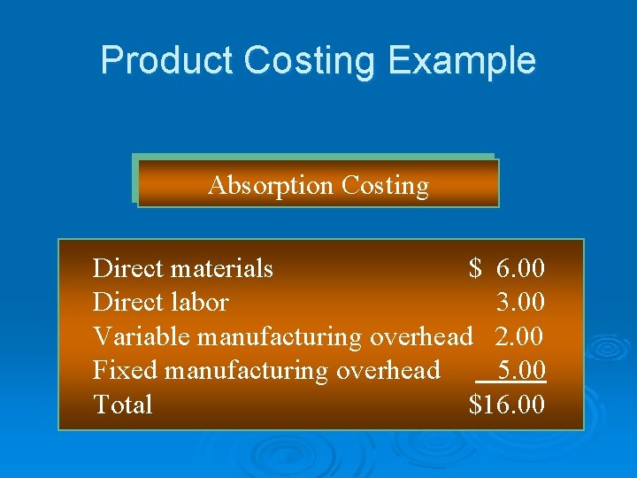 Product Costing Example Absorption Costing Direct materials $ 6. 00 Direct labor 3. 00