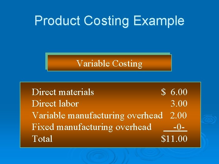 Product Costing Example Variable Costing Direct materials $ 6. 00 Direct labor 3. 00