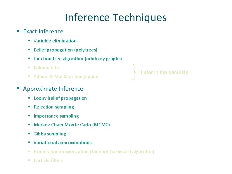 Inference Techniques § Exact Inference § Variable elimination § Belief propagation (polytrees) § Junction