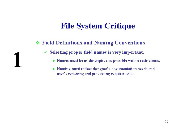 File System Critique v 1 Field Definitions and Naming Conventions ü Selecting proper field