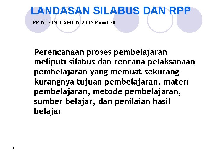 LANDASAN SILABUS DAN RPP PP NO 19 TAHUN 2005 Pasal 20 Perencanaan proses pembelajaran