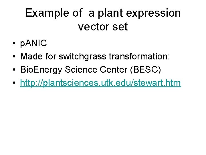 Example of a plant expression vector set • • p. ANIC Made for switchgrass