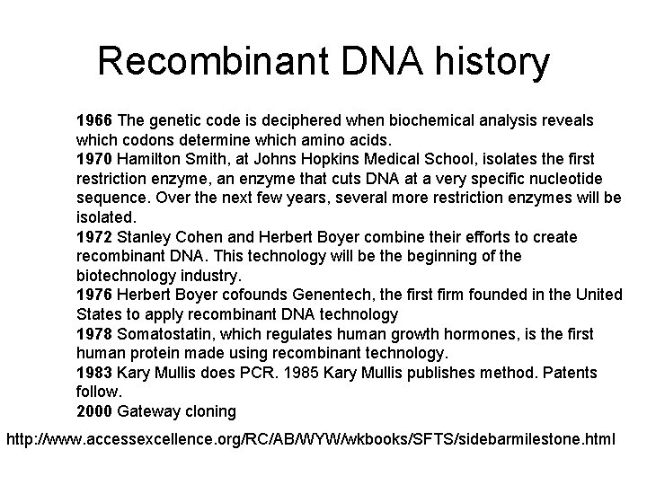 Recombinant DNA history 1966 The genetic code is deciphered when biochemical analysis reveals which