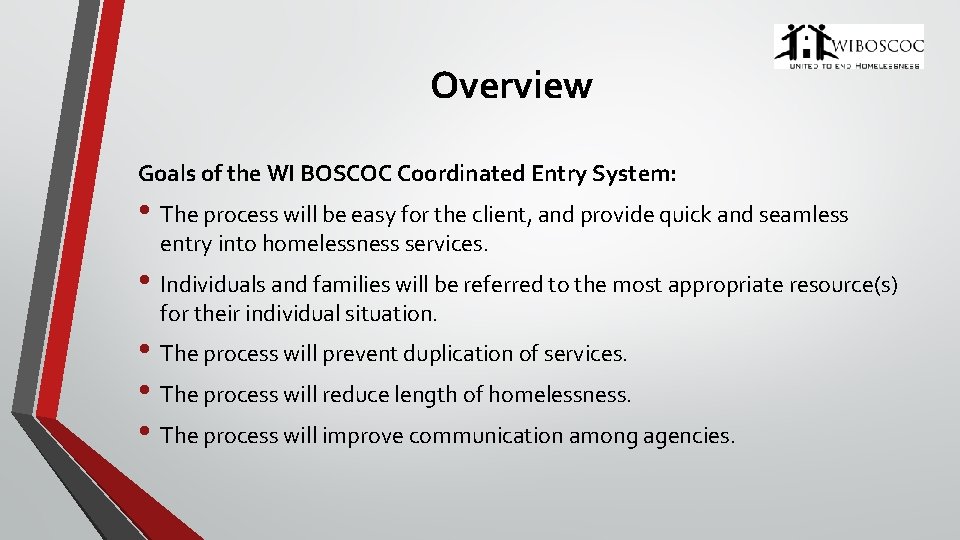 Overview Goals of the WI BOSCOC Coordinated Entry System: • The process will be