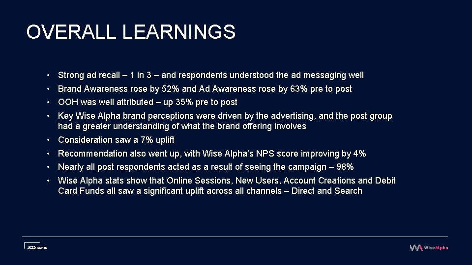 OVERALL LEARNINGS • • Strong ad recall – 1 in 3 – and respondents