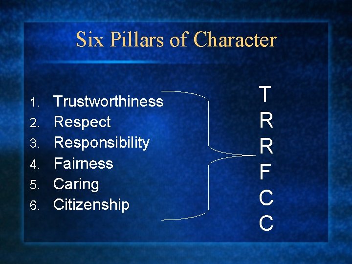 Six Pillars of Character 1. 2. 3. 4. 5. 6. Trustworthiness Respect Responsibility Fairness