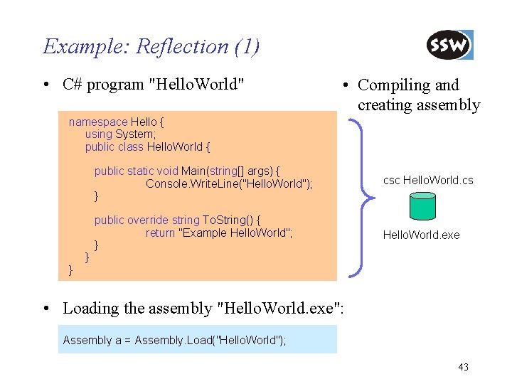 Example: Reflection (1) • C# program "Hello. World" • Compiling and creating assembly namespace