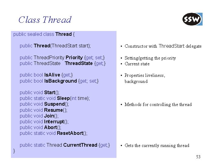 Class Thread public sealed class Thread { public Thread(Thread. Start start); • Constructor with
