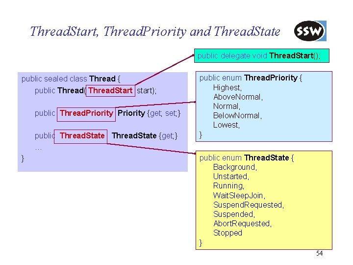 Thread. Start, Thread. Priority and Thread. State public delegate void Thread. Start(); public sealed