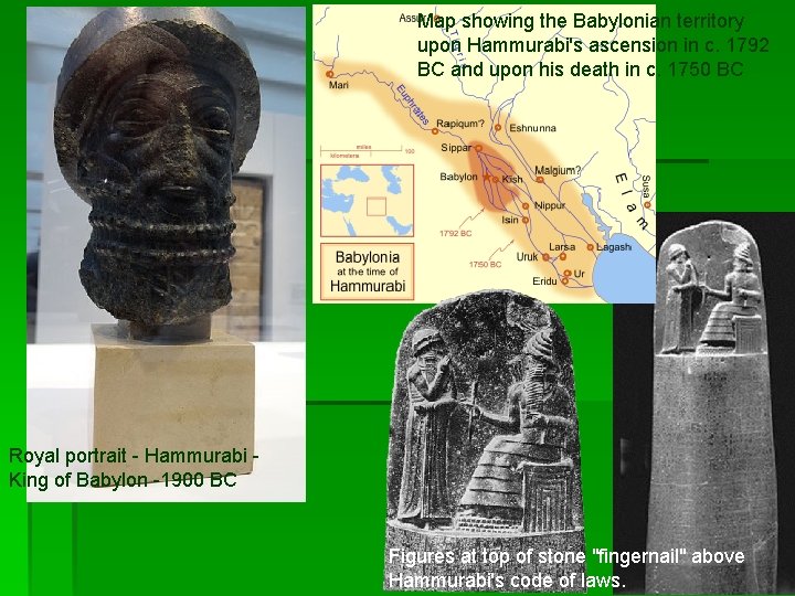 Map showing the Babylonian territory upon Hammurabi's ascension in c. 1792 BC and upon