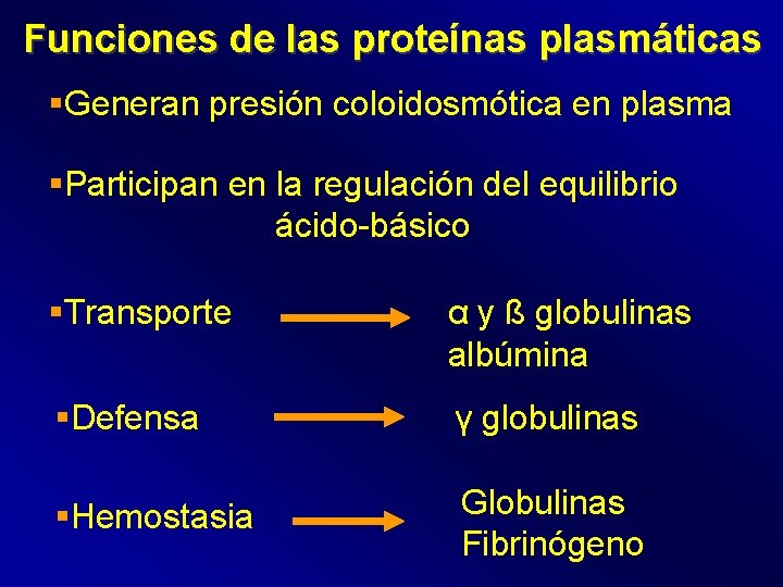 Funciones de las proteínas plasmáticas §Generan presión coloidosmótica en plasma §Participan en la regulación