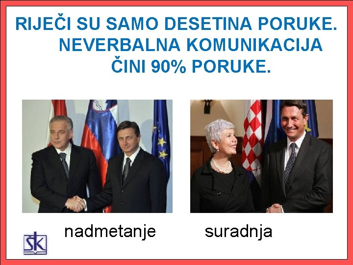 RIJEČI SU SAMO DESETINA PORUKE. NEVERBALNA KOMUNIKACIJA ČINI 90% PORUKE. nadmetanje suradnja 