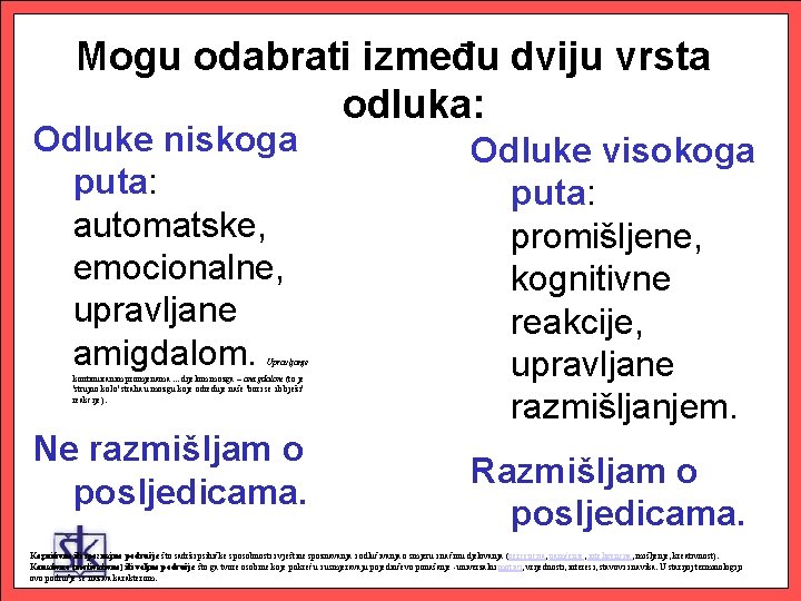 Mogu odabrati između dviju vrsta odluka: Odluke niskoga puta: automatske, emocionalne, upravljane amigdalom. Upravljanje