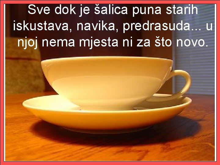 Sve dok je šalica puna starih iskustava, navika, predrasuda. . . u njoj nema