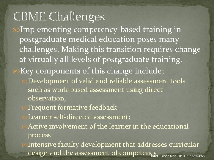 CBME Challenges Implementing competency-based training in postgraduate medical education poses many challenges. Making this
