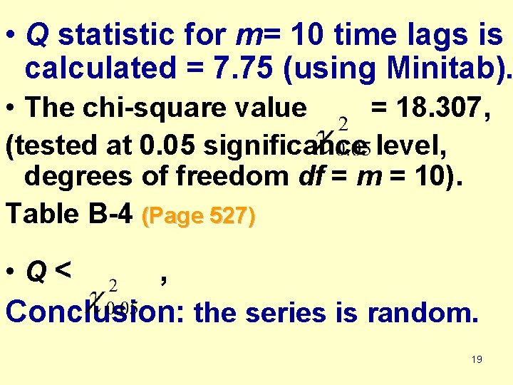  • Q statistic for m= 10 time lags is calculated = 7. 75