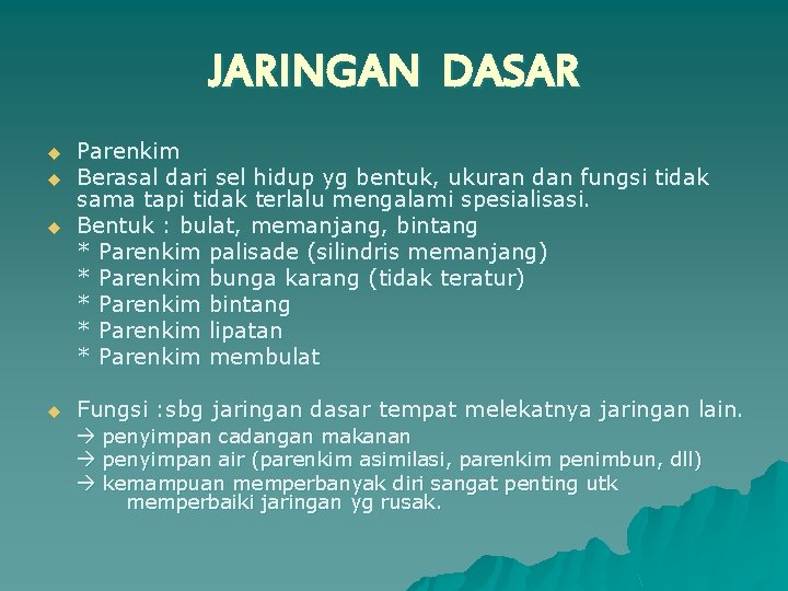 JARINGAN DASAR u u Parenkim Berasal dari sel hidup yg bentuk, ukuran dan fungsi