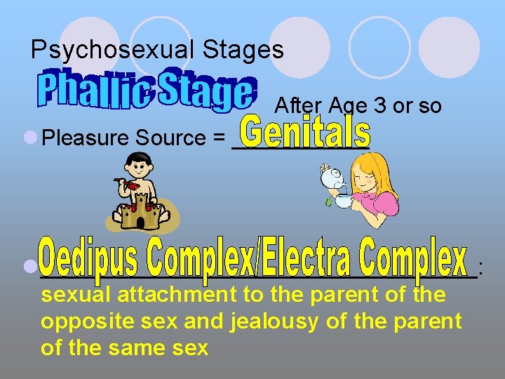 Psychosexual Stages After Age 3 or so l Pleasure Source = ______ l __________________: