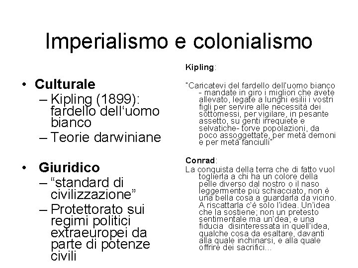 Imperialismo e colonialismo Kipling: • Culturale – Kipling (1899): fardello dell‘uomo bianco – Teorie