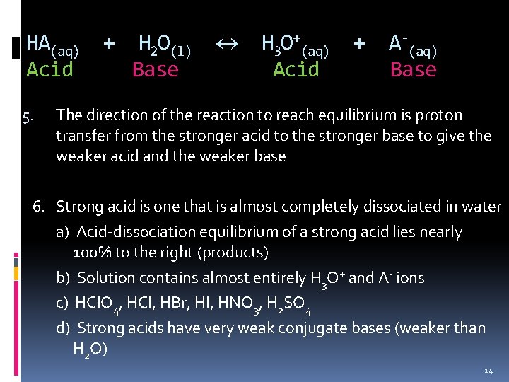 HA(aq) Acid 5. + H 2 O(l) Base H 3 O+(aq) Acid + A-(aq)