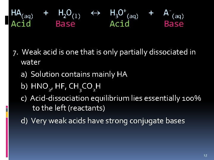 HA(aq) Acid + H 2 O(l) Base H 3 O+(aq) Acid + A-(aq) Base