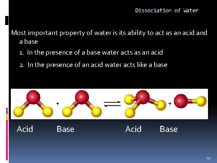 Dissociation of Water Most important property of water is its ability to act as