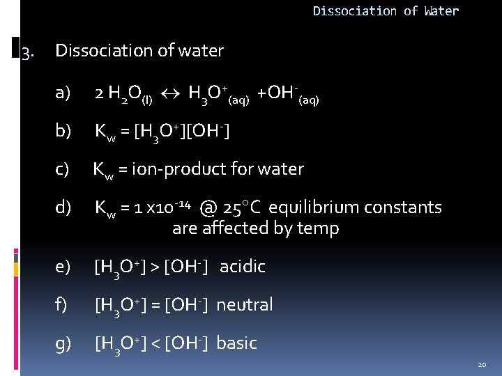 Dissociation of Water 3. Dissociation of water a) 2 H 2 O(l) H 3