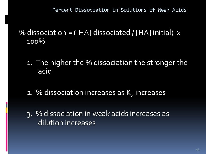 Percent Dissociation in Solutions of Weak Acids % dissociation = ([HA] dissociated / [HA]