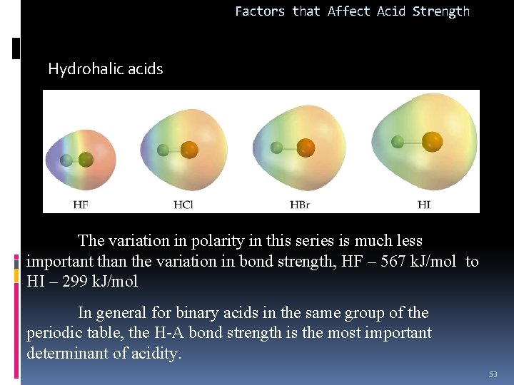 Factors that Affect Acid Strength Hydrohalic acids The variation in polarity in this series