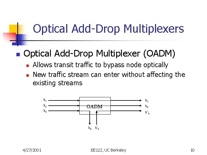 Optical Add-Drop Multiplexers n Optical Add-Drop Multiplexer (OADM) n n Allows transit traffic to