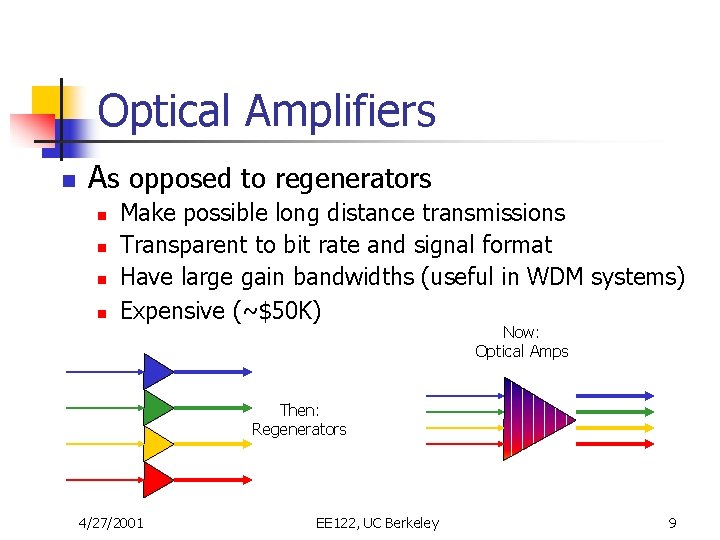 Optical Amplifiers n As opposed to regenerators n n Make possible long distance transmissions